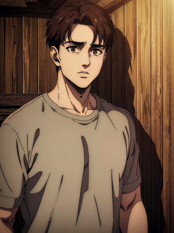 (best quality,4k,8k,highres,masterpiece:1.2),ultra-detailed,(realistic,photorealistic,photo-realistic:1.37), young male character, mappa art style, brown eyes, brown short hair well styled, sharp jawline, he is wearing gray tshirt , he is very handsome , behind him a cabin