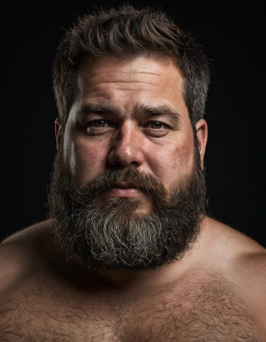 Capture um 8K, retrato hiper-realista de um homem com cerca de 50 anos. Ele tem um corte de cabelo desbotado estilo militar muito curto, with a rugged beard that gives off a lumberjack vibe. Seus penetrantes olhos verdes olham diretamente para o espectador. A cena mostra o homem de corpo inteiro, revelando seu peito fortemente peludo e a suabarriga, showing a chubby physique. He is wearing only short shorts against a deep black background, com um claro, Bright studio lighting effect evenly illuminating your face and body. A imagem deve mostar o corpo todo, e focar nos pelos no peito, renderizado no estilo hiperrealista. Inspirando-se na fotografia de Greg Rutkowski, maintain a high level of realism while highlighting the man's natural, rugged appearance."
