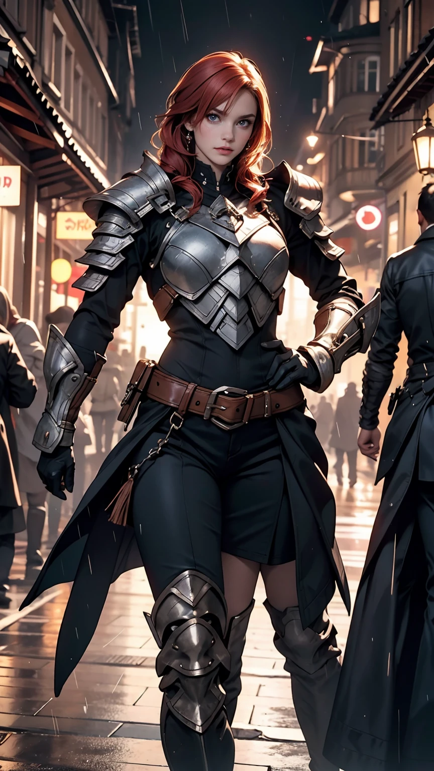 Redhead, Purple armor, light bearer warriors, Medieval city, dark, Fight, amazing, war, Surrealism, 8k, Super Detail, war, Fight against demons, darkness, Horror, rain