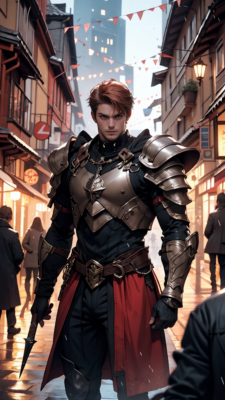 Redhead, Purple armor, light bearer warriors, Medieval city, dark, Fight, amazing, war, Surrealism, 8k, Super Detail, war, Fight against demons, darkness, Horror, rain