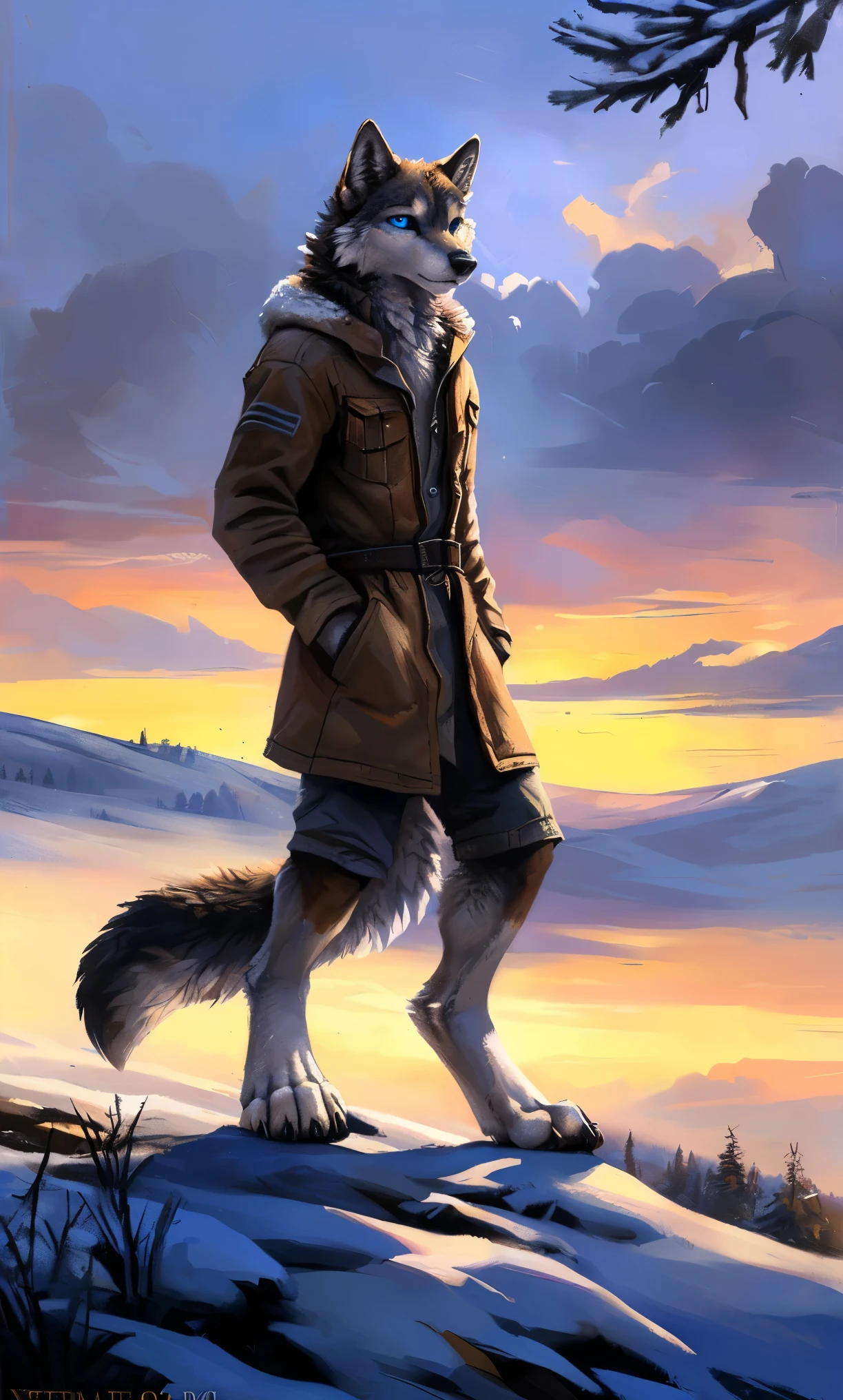 ((Solo)), male people, anthro wolf, (Multi-colored fur, White-brown:1.3,White tail pointed), (Height 2.1m,Tail length 1.2m), ((Wolf face, Big eyes, White eyelids, Blue pupil, Slim:1.2) (Tough, Calm expression:1.2)), Slim, pinging)), (Correct anatomy), (Winter clothing:1.1), The upper body naked, (detailed outfits),A long big tail,Feet,(Realistic fur, Detailed fur texture, labeled:1.3)), (Natural lighting), Photorealistic, Hyperrealistic, ultradetailed, by Kenket,Snowfield,erect through,Running on