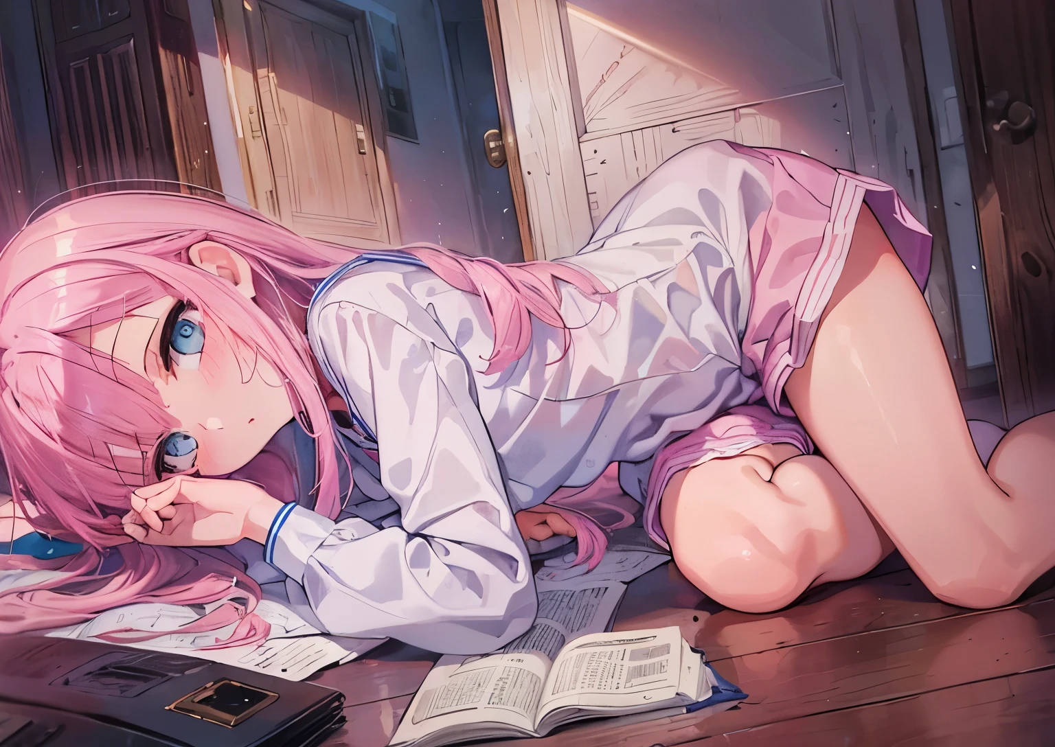 Beautiful illustrations, highest quality, (:1.4)、(pretty girl:1.5)、、、Flat Chest、Sailor collar、(White long tunic)、Long sleeve sailor suit、Blue-line cuffs、(Pink Chino Shorts:1.4)、(Pink shorts with wide openings:1.2)、Gap between thighs and shorts、Thin thighs、White socks、 Cinema Lighting, (Pink Long Hair)、Pink Straight Hair、Redness on the cheeks、(Braiding of the back of the head)