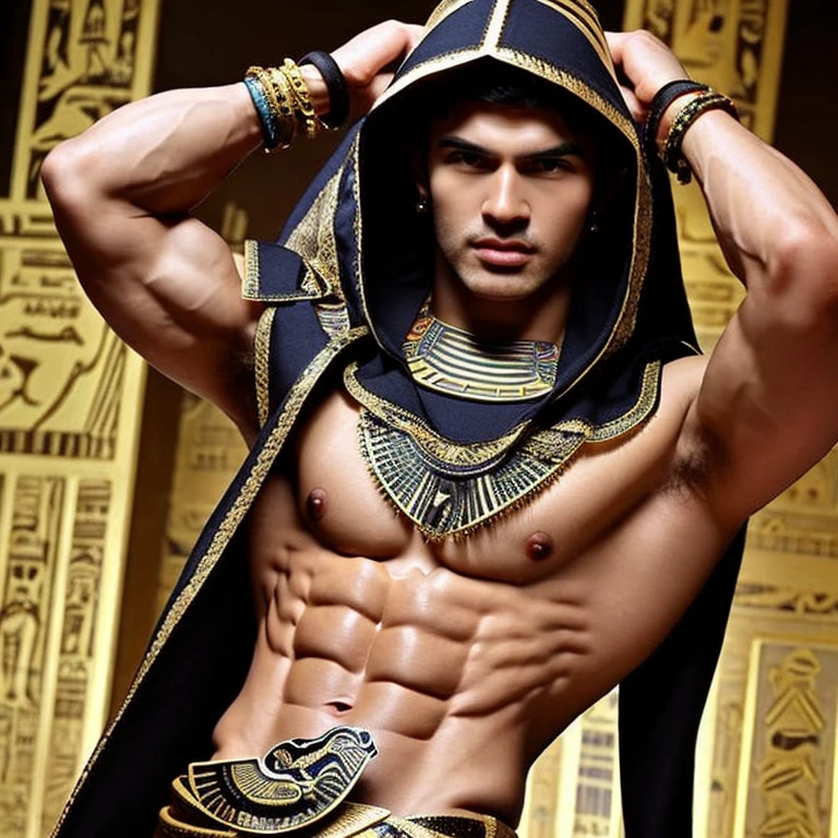 have abdominal muscles,The skin is nicely browned,tall,Deeply carved,Dressed in Egyptian clothing,He has a snake-like stick,I can&#39;t see much of his face because he&#39;s wearing a hood