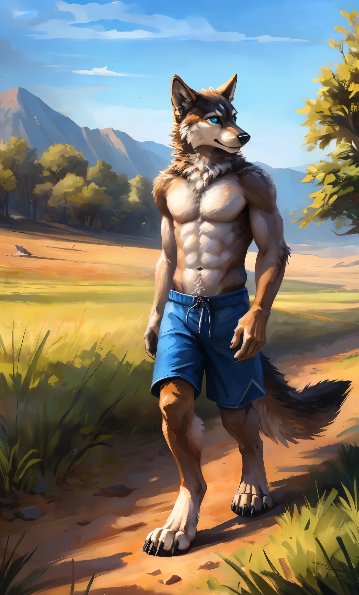((Solo)), male people, anthro wolf, (Multi-colored fur, White-brown:1.3,White tail pointed), (Height 2.1m,Tail length 1.2m), ((Wolf face, Big eyes, White eyelids, Blue pupil, Slim:1.2) (Tough, Calm expression:1.2)), Abs, Slim, pinging)), (Correct anatomy), (Work shorts:1.1), The upper body naked, (detailed outfits),A long big tail,Feet,(Realistic fur, Detailed fur texture, labeled:1.3)), (Natural lighting), Photorealistic, Hyperrealistic, ultradetailed, by Kenket,Field,erect through,Running on