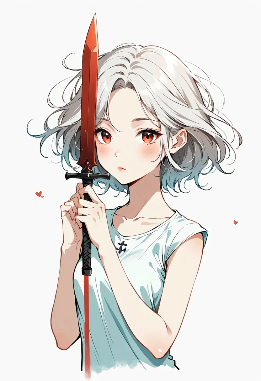 Girl with a sword，Simple lines，Minimalism，Abstract Art，Holding a red long sword，
