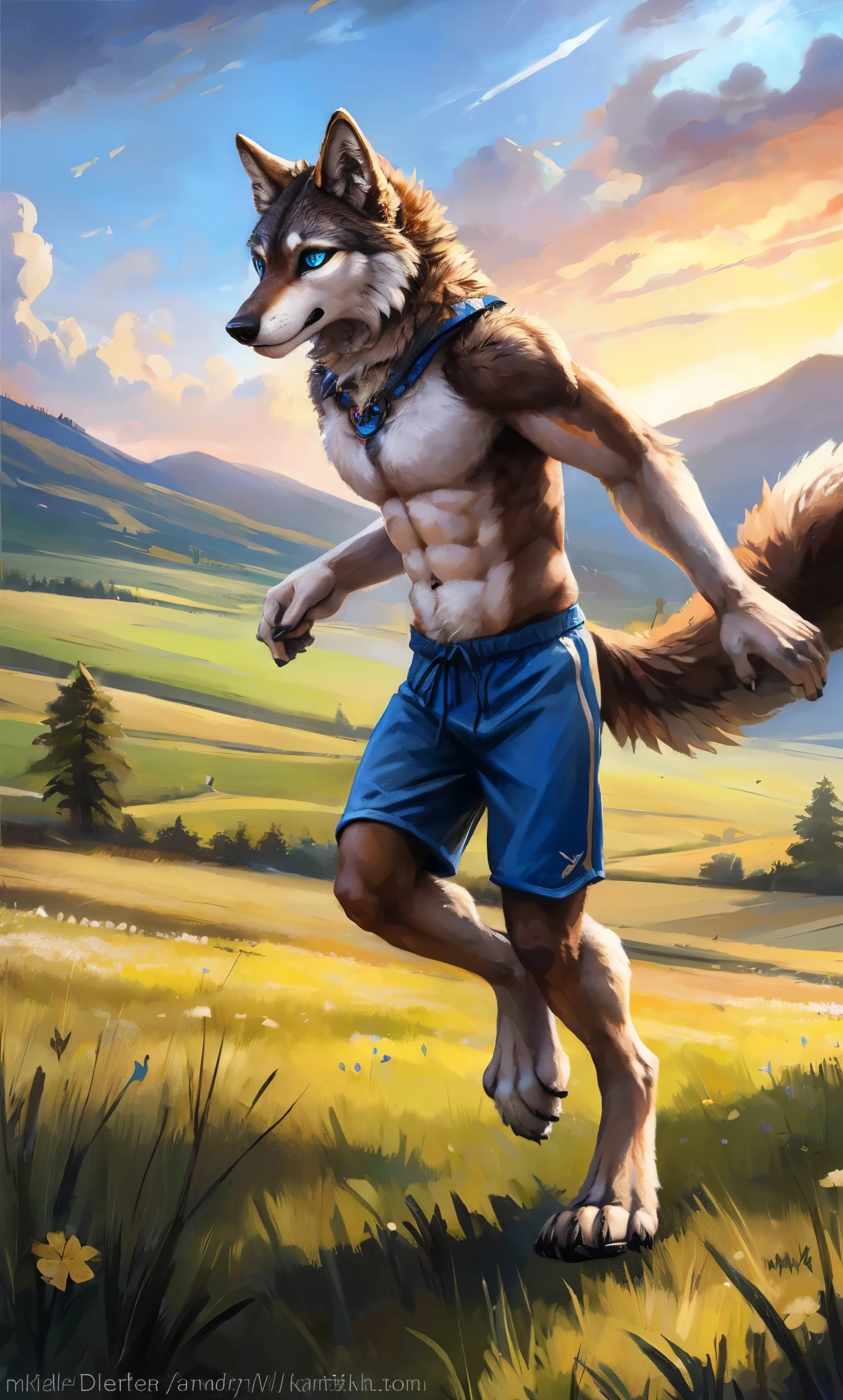 ((Solo)), male people, anthro wolf, (Multi-colored fur, White-brown:1.3，White tail pointed), (Height 2.1m,Tail length 1.2m), ((Wolf face, Big eyes, White eyelids, Blue pupil, Slim:1.2) (Tough, Calm expression:1.2)), Abs, Slim, pinging)), (Correct anatomy), (Work shorts:1.1), The upper body  naked, (detailed outfits),A long big tail，Feet，(Realistic fur, Detailed fur texture, labeled:1.3)), (Natural lighting), Photorealistic, Hyperrealistic, ultradetailed, by Kenket，Field，erect through，Running on