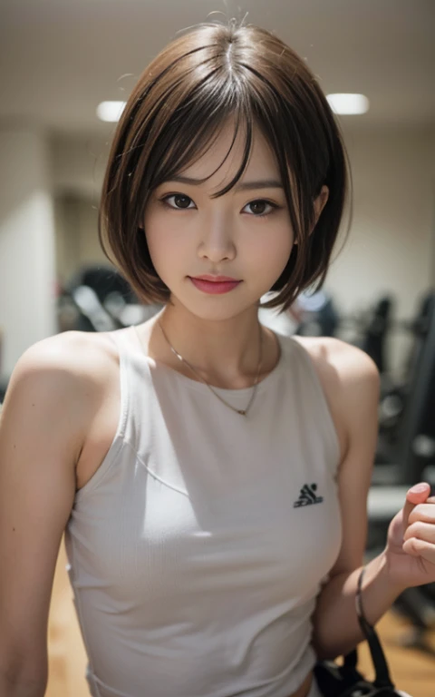 Cute 21 year old Japanese、university student、Sportswear、Highly detailed face、eye、double eyelid、Beautiful thin nose、Sharp focus:1.2、beauty:1.4、(Light brown hair、short hair、),Pure white skin、、Slender body、highest quality、masterpiece、Ultra-high resolution、(Photorealistic:1.4)、High resolution and professional lighting、Laughter、Big gym、
