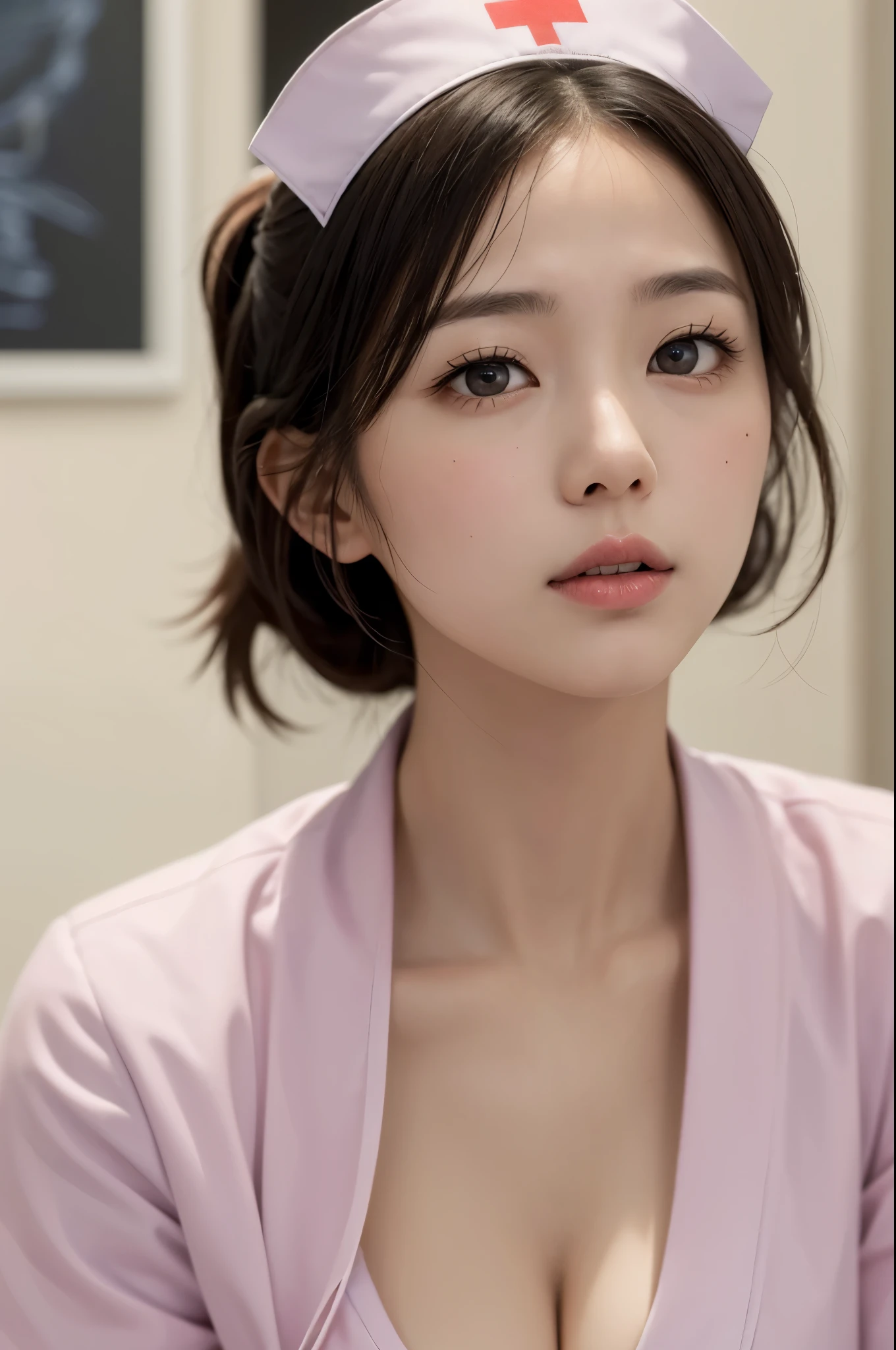 japanese woman, nurse, 19-years-old, perfect anatomy, very cute, beautiful, (white nurse uniform:1.3), ((embarrassed:1.3)), blush, Inside the hospital、professional lighting、Ultra HD、(8K, High resolution:1.2), (photograph, photorealistic:1.2)、close up on face, Face is in focus、(Beautiful Eyes:1.2)、Natural Makeup、Delicate lips、gross lip, (Looking up at the camera:1.3), (multiple angles:1.2), (small breast, cleavage:1.1), (put hand softly on one’s face) , (best quality:1.3)、masterpiece