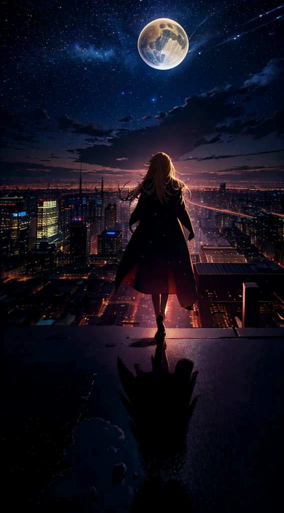 1people々々々々々々,Blonde long-haired woman,Long coat, Dress Silhouette, Rear View,Space Sky, comet, Anime Style, City night view from the rooftop,