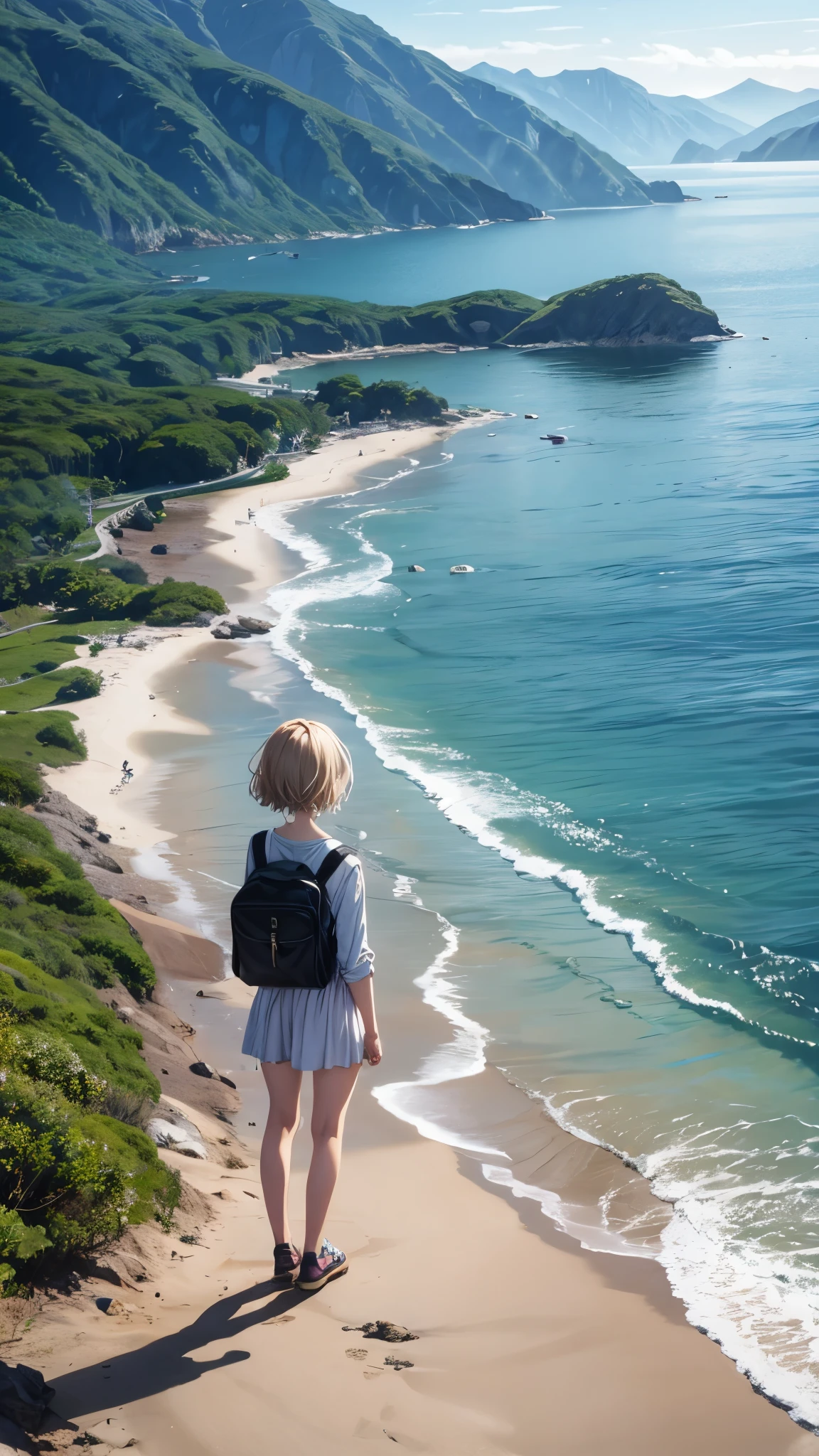 A girl standing alone on a small island in the sea、there is nobody in the island,A girl in her 20s with short blonde hair