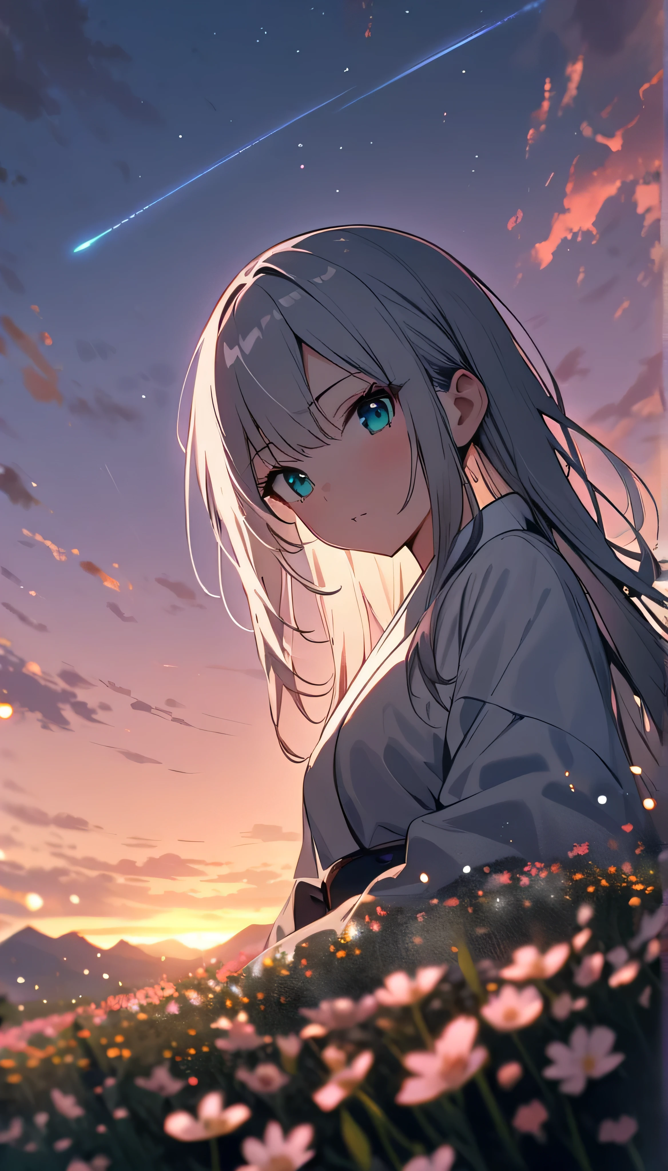 Resolution full, best quality, masterpiece, full HD, beautifull girl, foggy theme, super detailed, 1girl, cute girl, long hair, silver hair, pony tail hair. detailed beautiful aqua eyes, white kimono.  holding glowing katana. from below, focus at girl. Badass scene. in flower field. Mountains. Day sky, gradient sky, sunset. Shooting stars. bokeh. Particle bokeh.  Depth of field.
