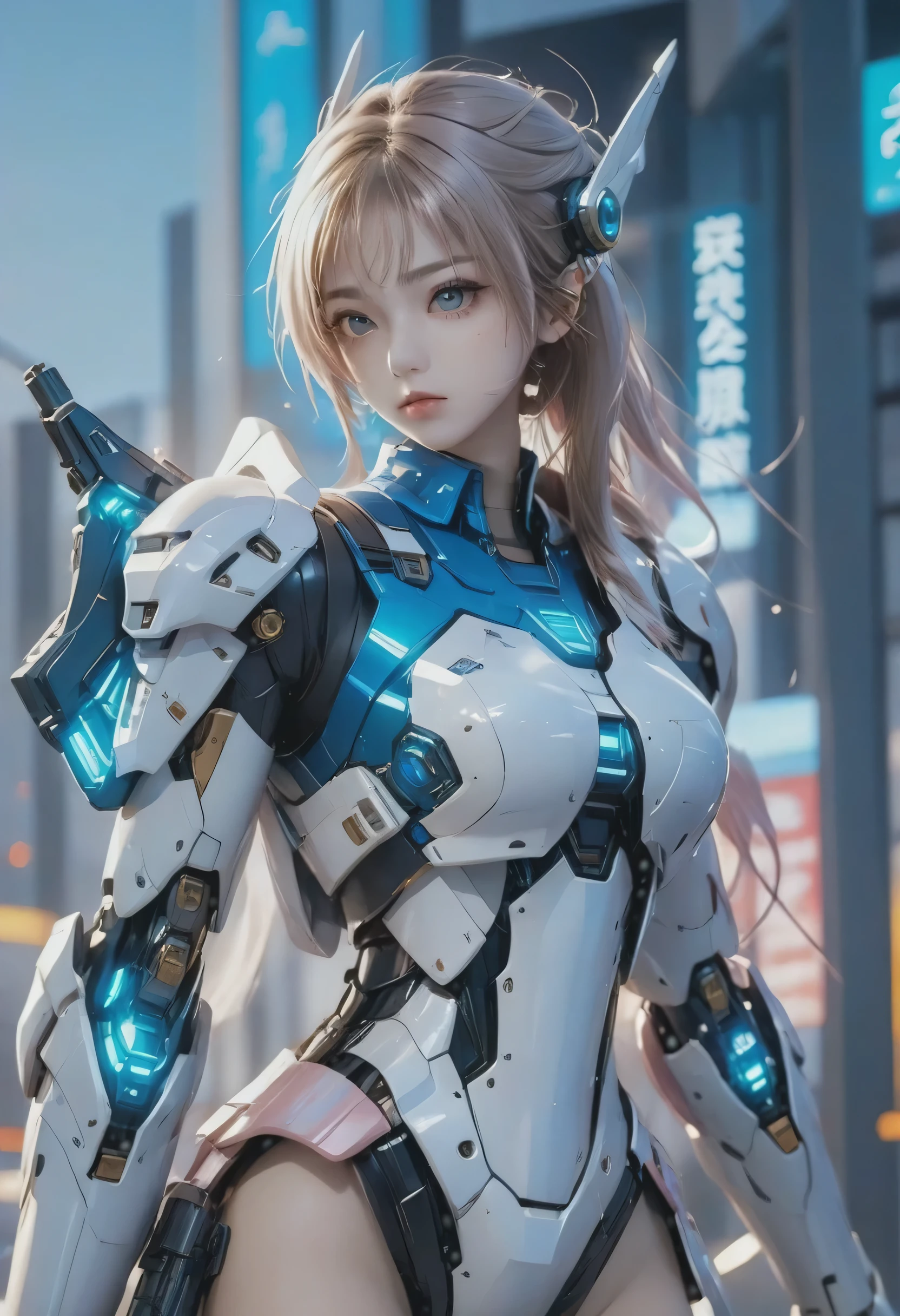 Future City，A woman wearing blue and white clothes and holding a gun，Large mechanical wings，Perfect android girl, Girl wearing mecha cyber armor, perfect Anime Cyborg woman, Cyberpunk Anime Girl mech, Cute Cyborg Girl, Anime Mecha Aesthetics, A mix of anime robots and organic matter, Mechanized Valkyrie Girl, Anime Cyborg, Cyberpunk Anime Girl, Beautiful girl cyborg