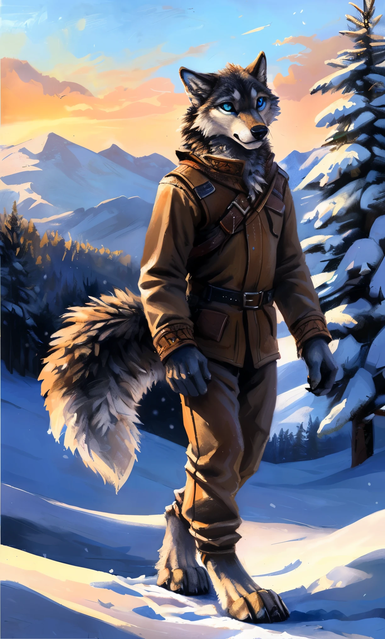 ((Solo)), male people, anthro wolf, (Multi-colored fur, White-brown:1.3,White tail pointed), (Height 2.1m,Tail length 1.2m), ((Wolf face, Big eyes, White eyelids, Blue pupil, Slim:1.2) (Tough, Calm expression:1.2)), Slim, pinging)), (Correct anatomy), (Winter clothing:1.1), The upper body naked, (detailed outfits),A long big tail,Feet,(Realistic fur, Detailed fur texture, labeled:1.3)), (Natural lighting), Photorealistic, Hyperrealistic, ultradetailed, by Kenket,Snowfield,erect through,Running on