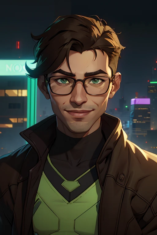 jon, a young guy in his 30s with asymmetric very short brown hair, green eyes with brown specs, a flat nose, smooth skin, slim athletic body, ((portrait)), smiling, wearing cyberpunk jacket, cyberpunk cityscape in background, wind blowing, looking heroic