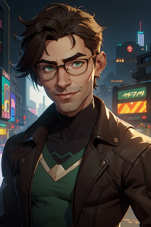 jon, a young guy in his 30s with asymmetric very short brown hair, green eyes with brown specs, a flat nose, smooth skin, slim athletic body, ((portrait)), smiling, wearing cyberpunk jacket, cyberpunk cityscape in background, wind blowing, looking heroic