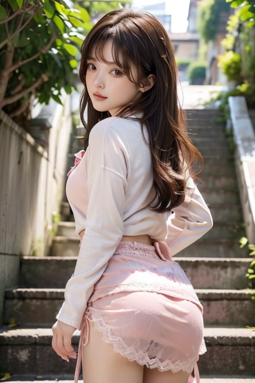 ((highest quality)), ((masterpiece)), (detailed), Perfect Face, Top, highest quality, High resolution, Hmph, Perfect Pixel, 4K, Hmph, Hmph))), 1 girl, single, alone, Beautiful woman、I could see the whole body、 ((Mid-wave hair, bangs, brown hair)), ((Brown eyes, Beautiful eyelashes, Realistic eyes)), ((detailedな顔, blush:1.2)), ((Smooth texture:0.75, Realistic texture:0.65, Realistic:1.1, Anime CG Style)), Medium chest, Dynamic Angle, Perfect body, ((Red bow tie, , Black jacket, Open jacket, Brown cardigan, White shirt, Black Skirt, Checked skirt)), City Stairs、looking up from the bottom of the stairs、Very embarrassing panic smile, looked back、Lean forward、(The wind blew up her skirt, exposing her buttocks..、Hurry and hold my ass、Pink lace panties:1.3)