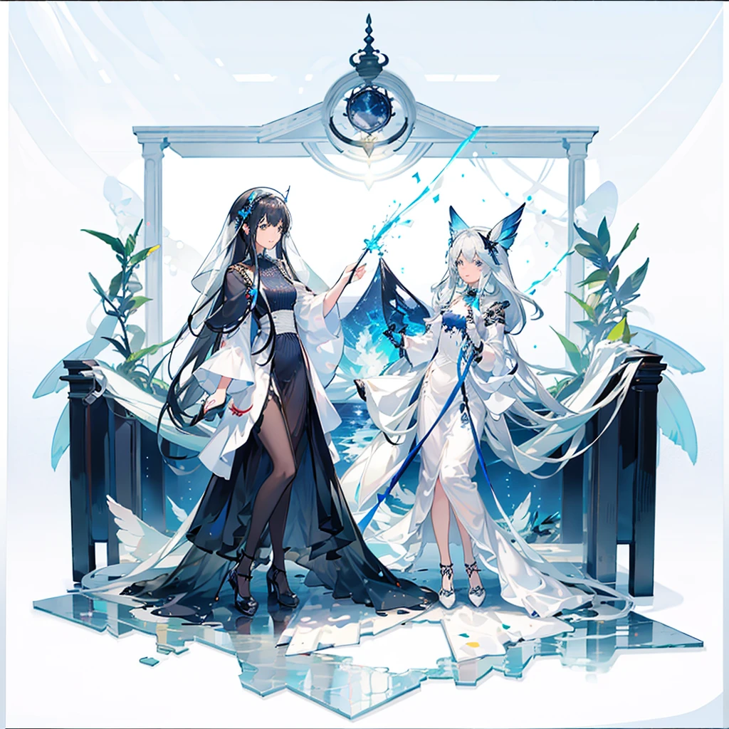 Hanfu(swimsuit），full body portrait，light wing earrings，long black hair，blue hair tail dyed，Center parted bangs，High heel，The dress has a gorgeous wavy pattern，Gorgeous splash skirt，Intricate costume details，Complex trinkets，Navel exposed，two girls，interactive，Various postures
