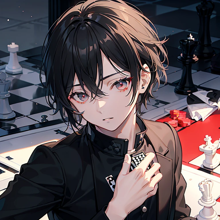 "Chico de cabello negro y ojos rojos, pelo hermoso y detallado, la mejor calidad, estilo anime, escena escolar, un solo chico, joven, con pelo corto." ((white jacket, beautiful contrast, chess motif, poker card raining, chessboard background))