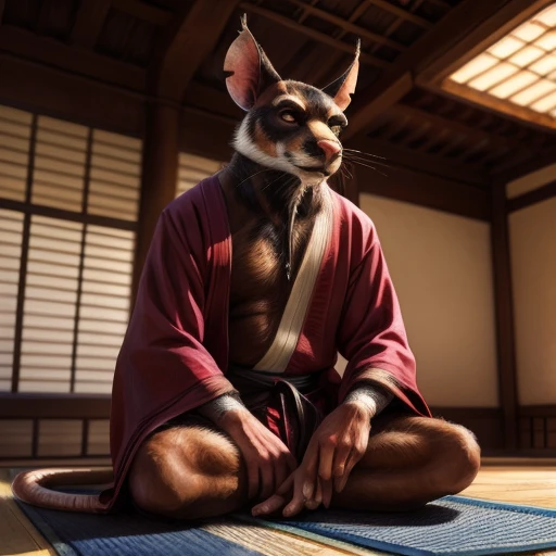 low-angle view,
standing, dojo, japanese temple, inside, clothed, kimono, red kimono, rat tail, goatee, brown body, white fur, black fur, bandages, safe,
(master splinter:1.2), meditating, legs wide open presenting bulge, sitting, closed eyes, solo, topwear, bottomwear, incense, tatami, 
BREAK,
by bruteandbrawn, by personalami, by kenket, (intricate, high detail, film photography, soft focus, RAW candid cinema,
photorealism, realistic, photorealistic, analog style, subsurface scattering,
masterpiece, best quality, ultra realistic, 8k)