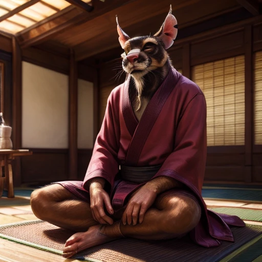 low-angle view,
standing, dojo, japanese temple, inside, clothed, kimono, red kimono, rat tail, goatee, brown body, white fur, black fur, bandages, safe,
(master splinter:1.2), meditating, legs wide open presenting bulge, sitting, closed eyes, solo, topwear, bottomwear, incense, tatami, 
BREAK,
by bruteandbrawn, by personalami, by kenket, (intricate, high detail, film photography, soft focus, RAW candid cinema,
photorealism, realistic, photorealistic, analog style, subsurface scattering,
masterpiece, best quality, ultra realistic, 8k)