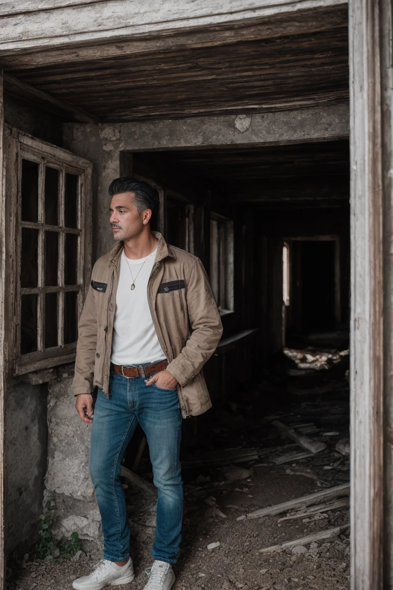 8k uhd, dslr, high quality , RAW photo, Realistic Photography ,Fujifilm XT3, Canon R5, Handsome Men, abandoned village, daylight