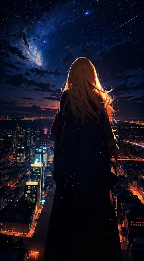 1people々々々々々々,Blonde long-haired woman,Long coat, Dress Silhouette, Rear View,Space Sky, comet, Anime Style, City night view from the rooftop,