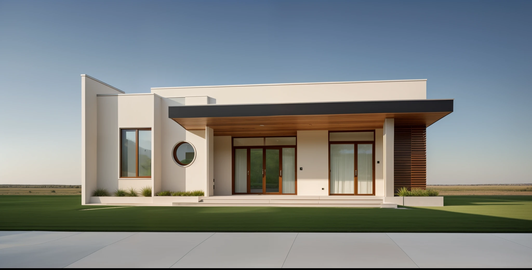 A modern-style home with a circular window and large glass doors.