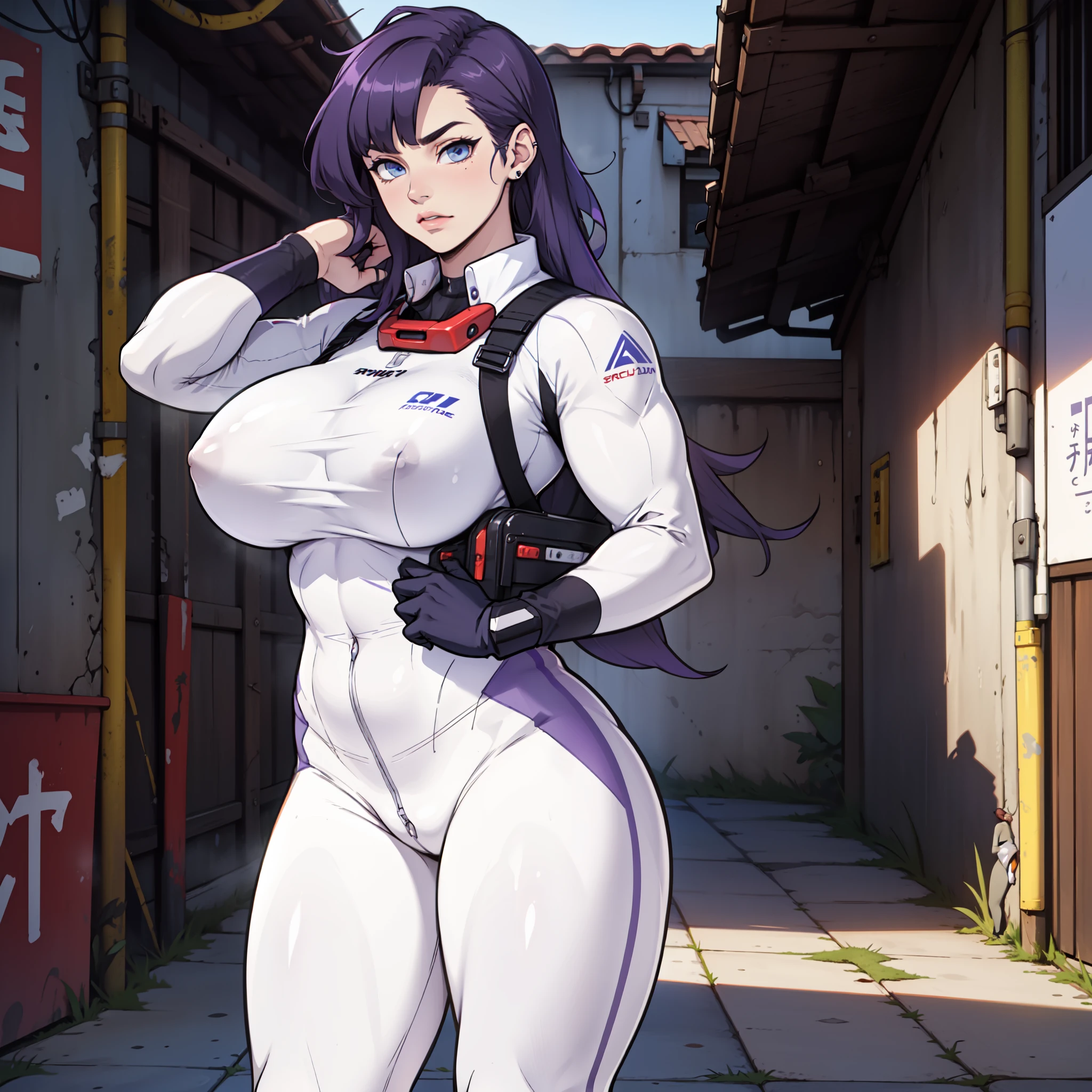 standing alone, colado ao corpo ((garota musculosa)) toned body huge breasts blue eyes big voluminous purple hair thick pale skin, usando coroa real, technological white clothing 