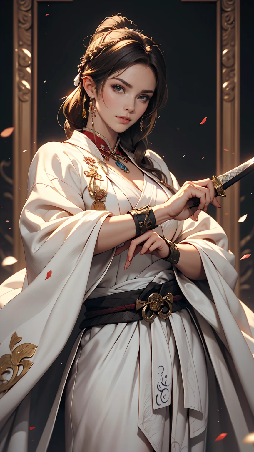 Close-up of a woman wearing a white dress and holding a sword, Portraits by Jan J, Trending on CGSociety, Fantasy art, Beautiful character drawings, artwork in the style of Gweitz, Gweitz, White Hanfu, Flowing white robes, Full body martial arts, Magnificent and elaborate character art, Amazing character art, beautiful female assassin  