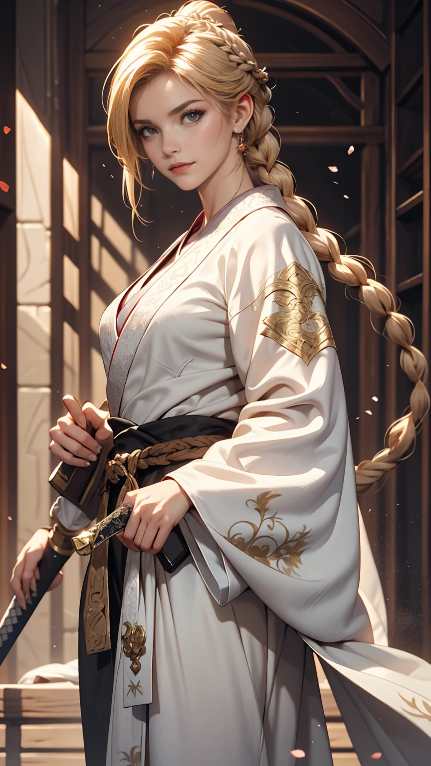 Close-up of a woman wearing a white dress and holding a sword, Portraits by Jan J, Trending on CGSociety, Fantasy art, Beautiful character drawings, artwork in the style of Gweitz, Gweitz, White Hanfu, Flowing white robes, Full body martial arts, Magnificent and elaborate character art, Amazing character art, beautiful female assassin  