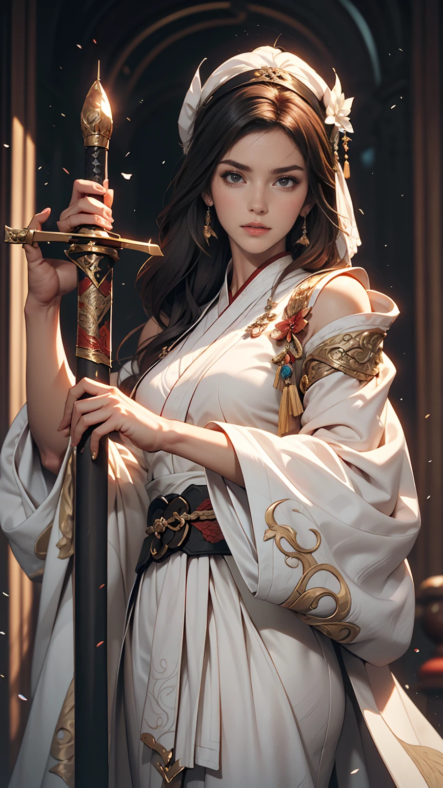 Close-up of a woman wearing a white dress and holding a sword, Portraits by Jan J, Trending on CGSociety, Fantasy art, Beautiful character drawings, artwork in the style of Gweitz, Gweitz, White Hanfu, Flowing white robes, Full body martial arts, Magnificent and elaborate character art, Amazing character art, beautiful female assassin