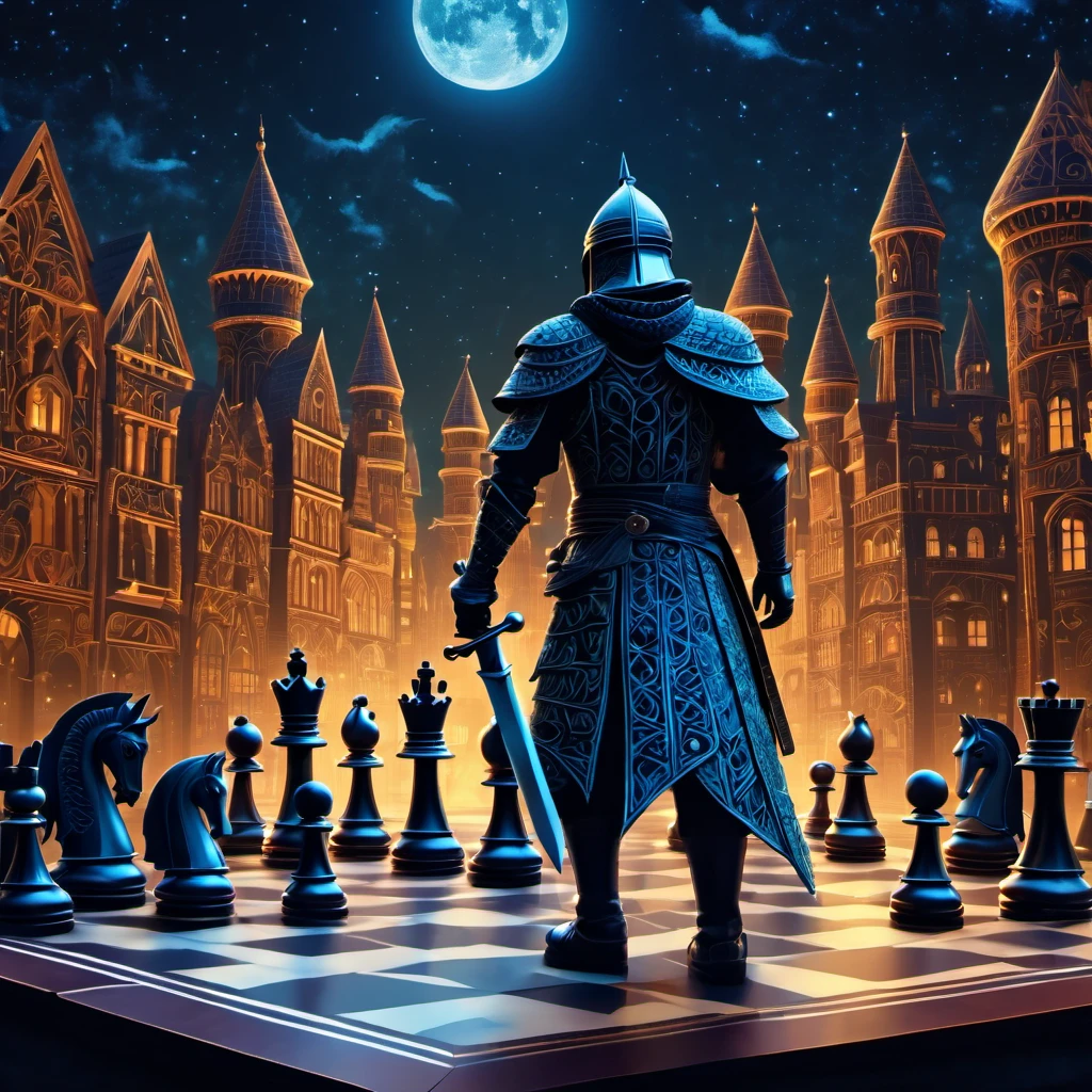 (best quality, highres, ultra sharp), magical chess Swordsman Standing , about the curvature of space time, in a dark night, art deco, zentangle, 3d crunch, cinematic, facing camera, close up, medieval city with chess rooks in the background