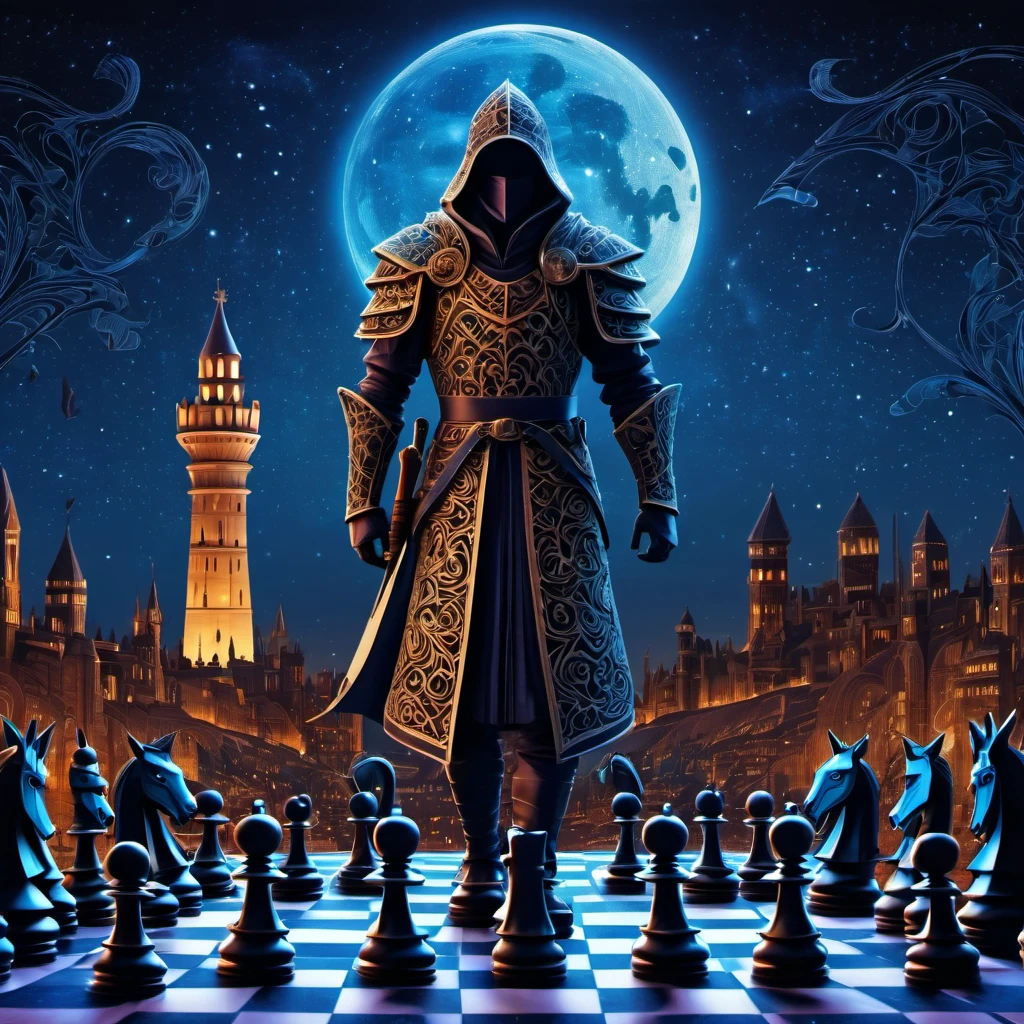 (best quality, highres, ultra sharp), magical chess Swordsman Standing , about the curvature of space time, in a dark night, art deco, zentangle, 3d crunch, cinematic, facing camera, close up, medieval city with chess rooks in the background