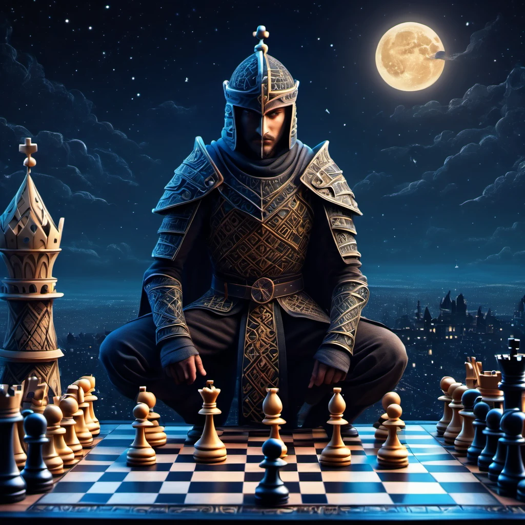 (best quality, highres, ultra sharp), magical chess Swordsman Standing , about the curvature of space time, in a dark night, art deco, zentangle, 3d crunch, cinematic, facing camera, close up, medieval city with chess rooks in the background