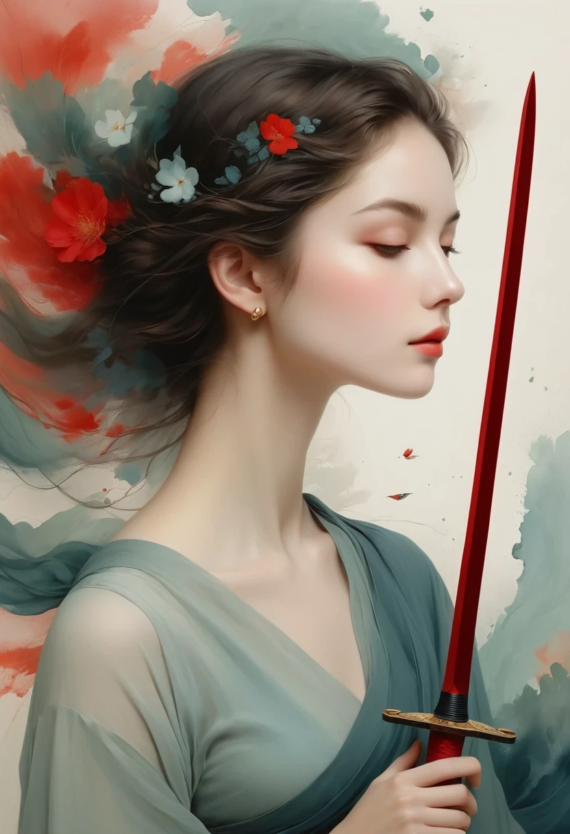 Girl with a sword,Simple lines,Minimalism,Abstract Art,Holding a red long sword,