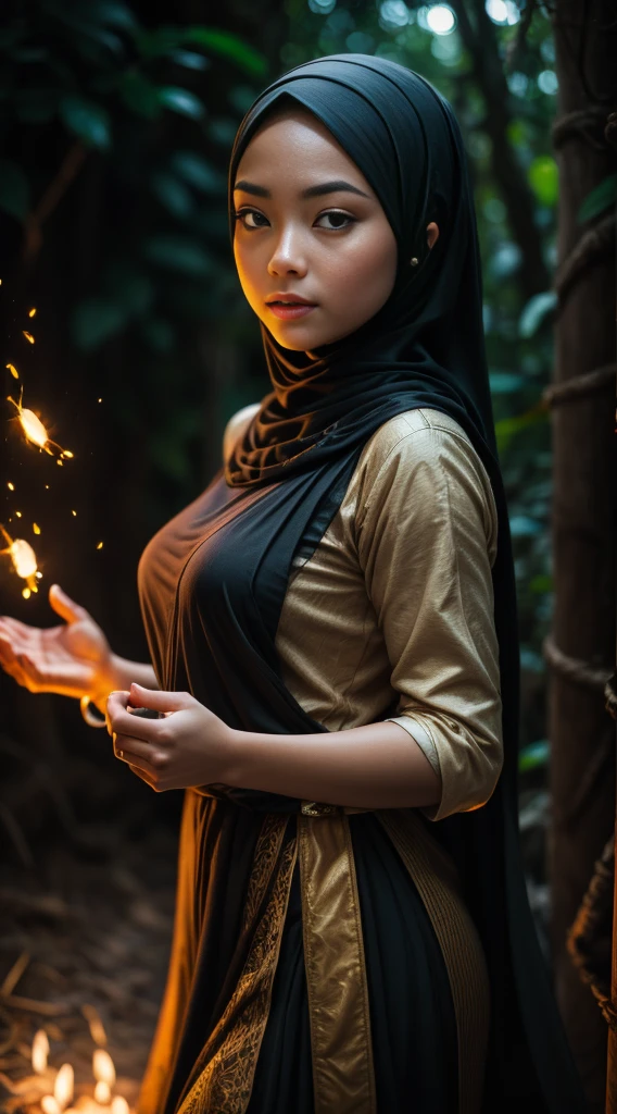 Imagine a serene moonlit night in a dense Malay jungle where a girl in hijab practices traditional martial arts surrounded by mystical fireflies. Capture the elegance and grace of her movements as the fireflies create a magical aura around her, 35mm lens, Extreme close-up, pastel color grading, depth of field cinematography effect, film noir genre, 8k resolution, high quality, ultra detail,