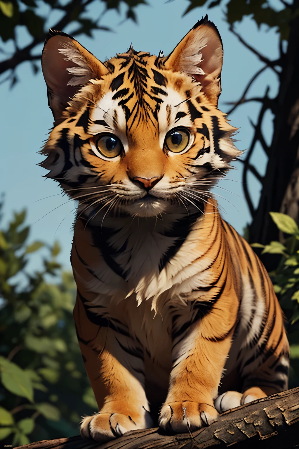 ((best quality)), ((masterpiece)), (detailed), perfect face,
(full body:1.3), 
Photo of National Geographic, 
1 cute fluffy for hybrid of tiger and kitten, 
it is the most beautiful and wonderful thing, it behaves in a special way, subtly with a pose of great fierceness, adorable, cat ears, cat tail, fine and stylized body, eyes for tiger, 
eyes should be large and expressive, a moment of curiosity or playfulness., 
Capturing the essence of mischief, 
perched stump, with wood chips, 
playing with soap bubbles, 
surreal landscape, imagination swirling, dreamworld, 
Pixar render, 
(realistic:1), details down to every fluff, 
(masterpiece:1.2), (best quality:1.2), sharp focus, (8k), beautiful, high quality, (hightres:1.1), detailed, extremely detailed, intricate, hyper detailed, illustration, soft lighting, high resolution, sharp detail, perfect lighting, 
very dark focused flash photo, amazing quality, masterpiece, best quality, hyper detailed, ultra detailed, UHD, perfect anatomy, dof, hyper-realism, majestic, awesome, inspiring, 
cute00d