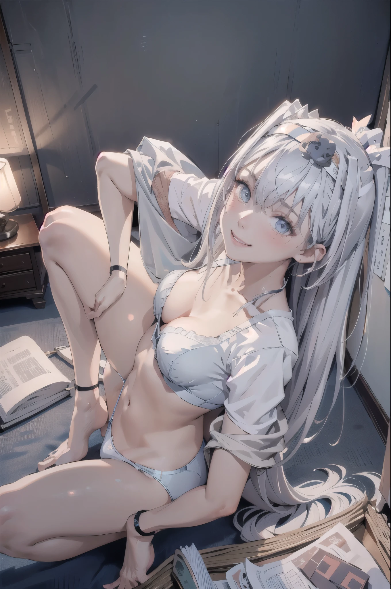 highest quality, masterpiece, High resolution, (Perfect Anatomy) ,1 person fuyutsukiKC, (fuyutsuki) ,((Silver Hair)),((nsfw)) White headband, Crop top,
smile,blush, (indoor, office, living room), 
((Full Body View)),(In underwear) ((Light blue panties)), ((Light blue bra)), Spread your legs, Squat