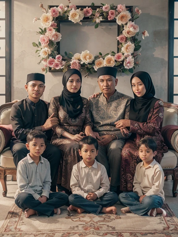 Photorealistic 8k resolution Ultra-realistic illustration of the full body of an Indonesian husband and wife aged around 60 years with clean faces sitting on a luxurious sofa flanked by their son and daughter aged 35 years, some sitting on the ground are three sons aged  years, aged 9 years and 7 yeld, all men wear black skullcaps, all women wear hijabs, dress to match with a striking dark brown batik motif, with a background of a large frame depicting roses attached to the wall, with a vibrant elegant style, posters, photos, cinematics, products, 3d rendering, portrait photography