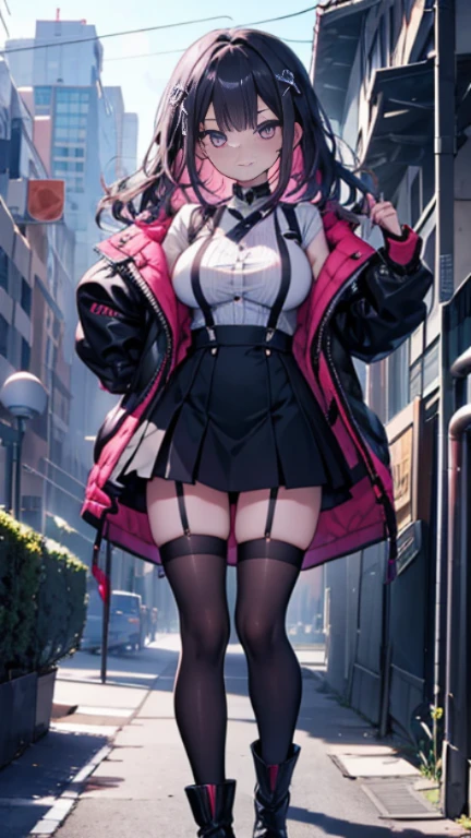 1 girl, small nose,black suspenders,Bulging big,breasts,walls: Black miniskirt,garters,Gaze,Small face,bangss,holster,Beautuful Women,hands up,leg holster,Gaze,black boots panty shot, provocation,flank,flank sweat soio,arm, pose muy sexy,(with sparkling eyes and a contagious smile), very beautiful detailed face and eyes, bright colors, cute face, delicate beautiful face, Bright magenta eyes, cute eyes, sparkling eyes, Big eyes, (big breasts:1.3), (perky chest:1.1), (pointed chest:1.0), medium hips, glamorous body, white skin, smile, thin pubric hair, shiny hair, super beautiful face, Super beautiful eyes, Super beautiful hair，trendy outfit，sexy and attractive，explosion of colors，big hairpin，full body esbian，illegal occupation, Real World, Natural light,perfect Natural light,looking at viewer,