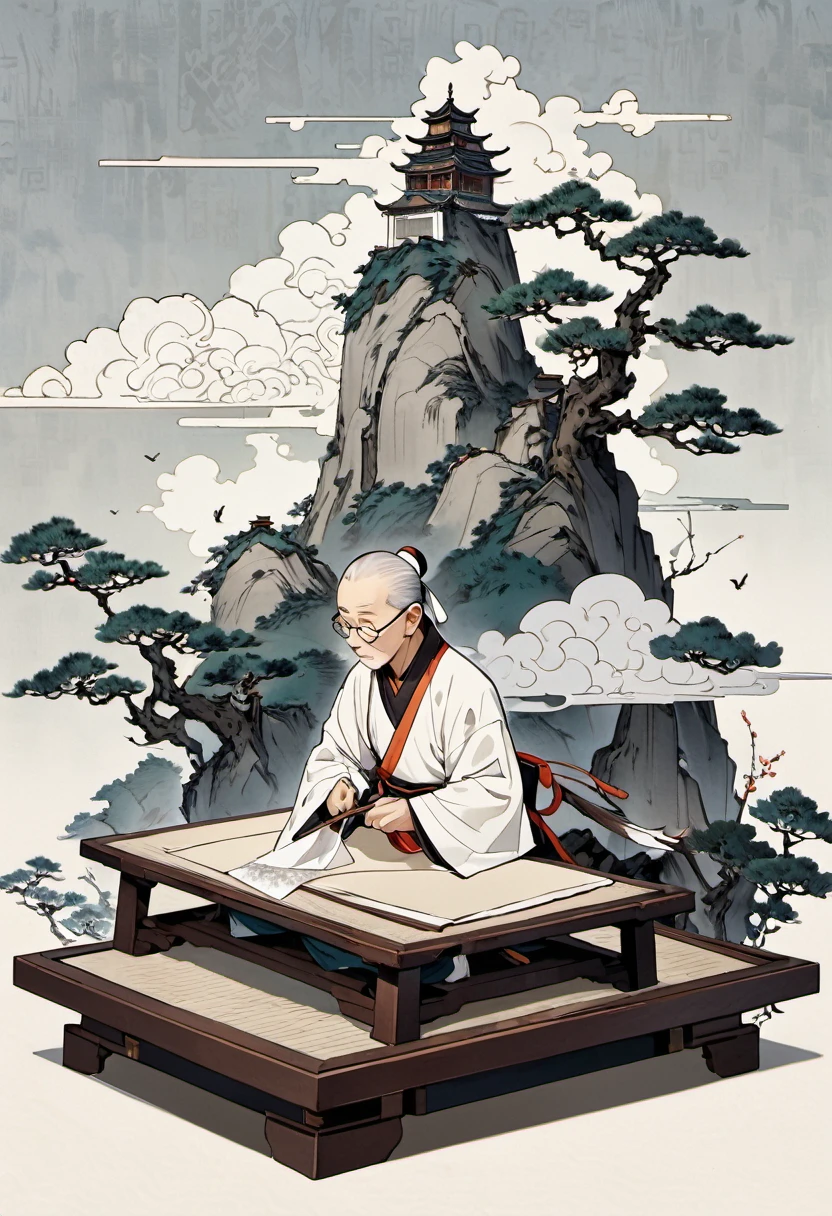 lace,Chinese traditionallandscpae with anoff white background with a light gray thinines texturewith old paper texture featuringchinese art,Song dynasty, Xuan paper, Goofy. Chinese monk, take the dust brush,Solitary cloud, Sit alone, JingtingMountain,Never get tired of it