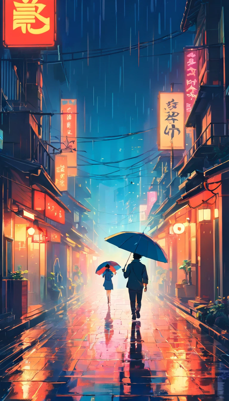 a person walking down a street with a umbrella in the rain, inspired by Liam Wong, china town blade runner, by Kilian Eng, ( ( ( ( ( dan mumford ) ) ) ) ), cyberpunk street, cyberpunk streets in japan, cyberpunk anime art, cyberpunk art style, cyberpunk alley, by Liam Wong, kowloon cyberpunk, cyberpunk themed art, cyberpunk aesthetics