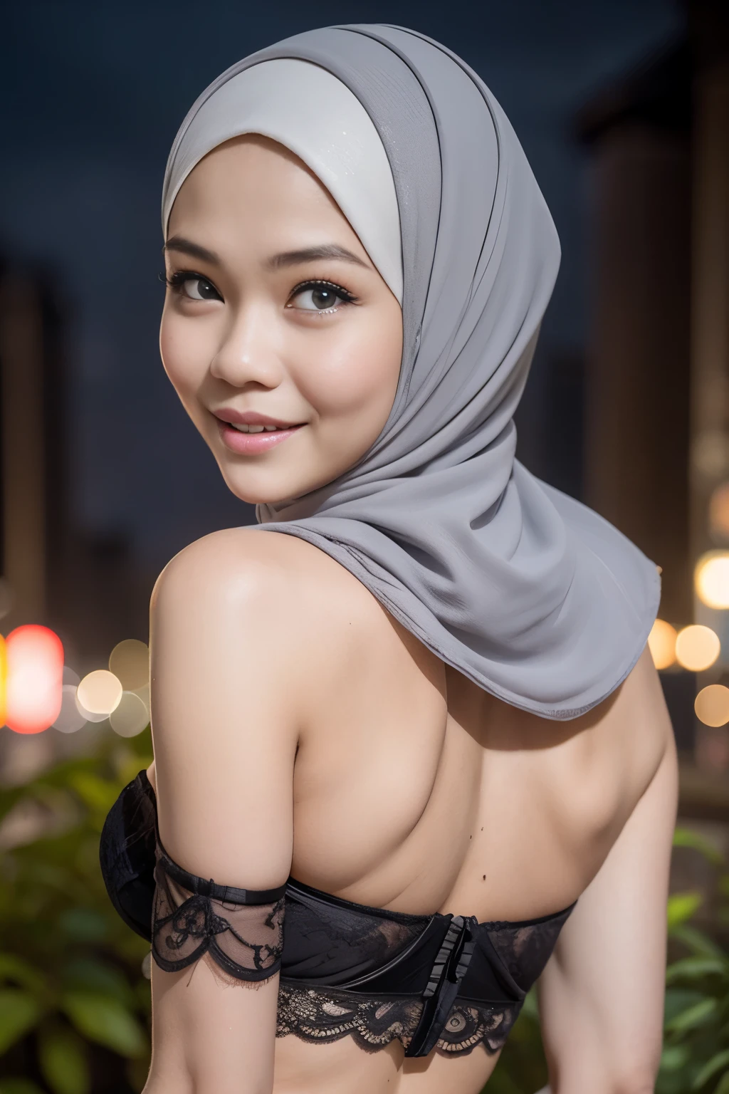 ((open your mouth )), ((Lace)), (Happy smile), (((HIJAB MALAY GIRL))), masutepiece, High quality, UHD 32K, Realistic face, Realistic skin feeling , A Japanese Lady, 58 years old matured lady, , Very cute and baby-like face, (((FLAT CHEST))), (Night time at forest), ((look In front at the camera and SADNESS)), (((GREY FLUORESCENT))), (((CUTE GIRL))), ((GREY FLUORESCENT LIPS)), ((Floral Pattern)) little wearing strapless bra, strapless colorful bra, dark night background , black forest night, horror scary place, (from behind up) seductive pose