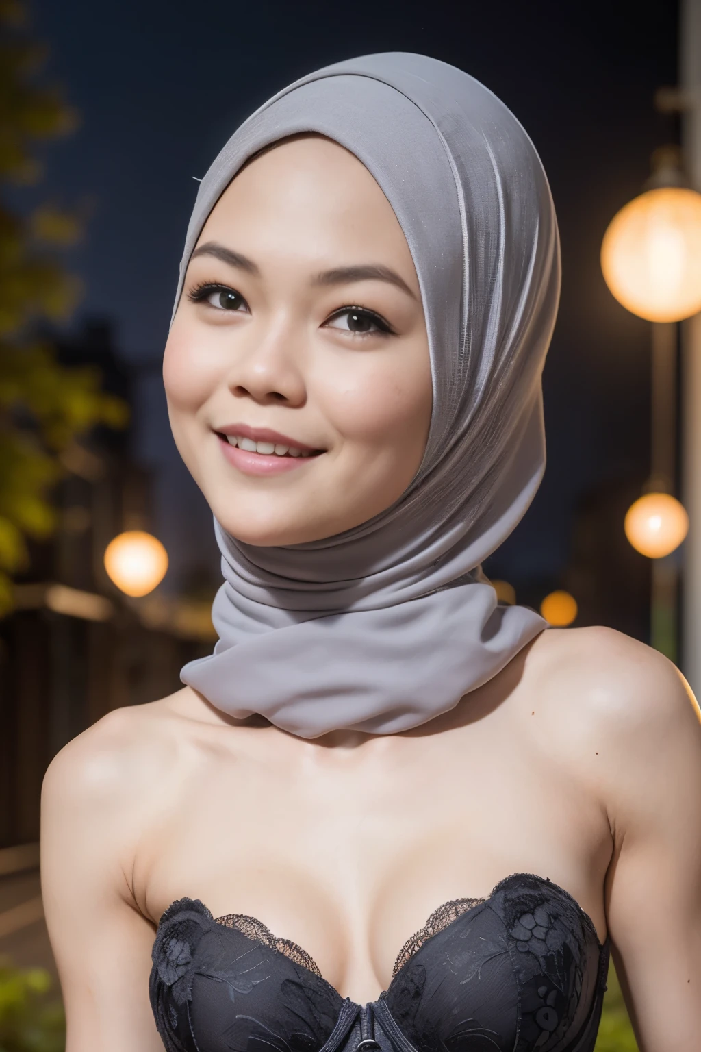 ((open your mouth )), ((Lace)), (Happy smile), (((HIJAB MALAY GIRL))), masutepiece, High quality, UHD 32K, Realistic face, Realistic skin feeling , A Japanese Lady, 58 years old matured lady, , Very cute and baby-like face, (((FLAT CHEST))), (Night time at forest), ((look In front at the camera and SADNESS)), (((GREY FLUORESCENT))), (((CUTE GIRL))), ((GREY FLUORESCENT LIPS)), ((Floral Pattern)) little wearing strapless bra, strapless colorful bra, dark night background , black forest night, horror scary place, (from behind up) seductive pose