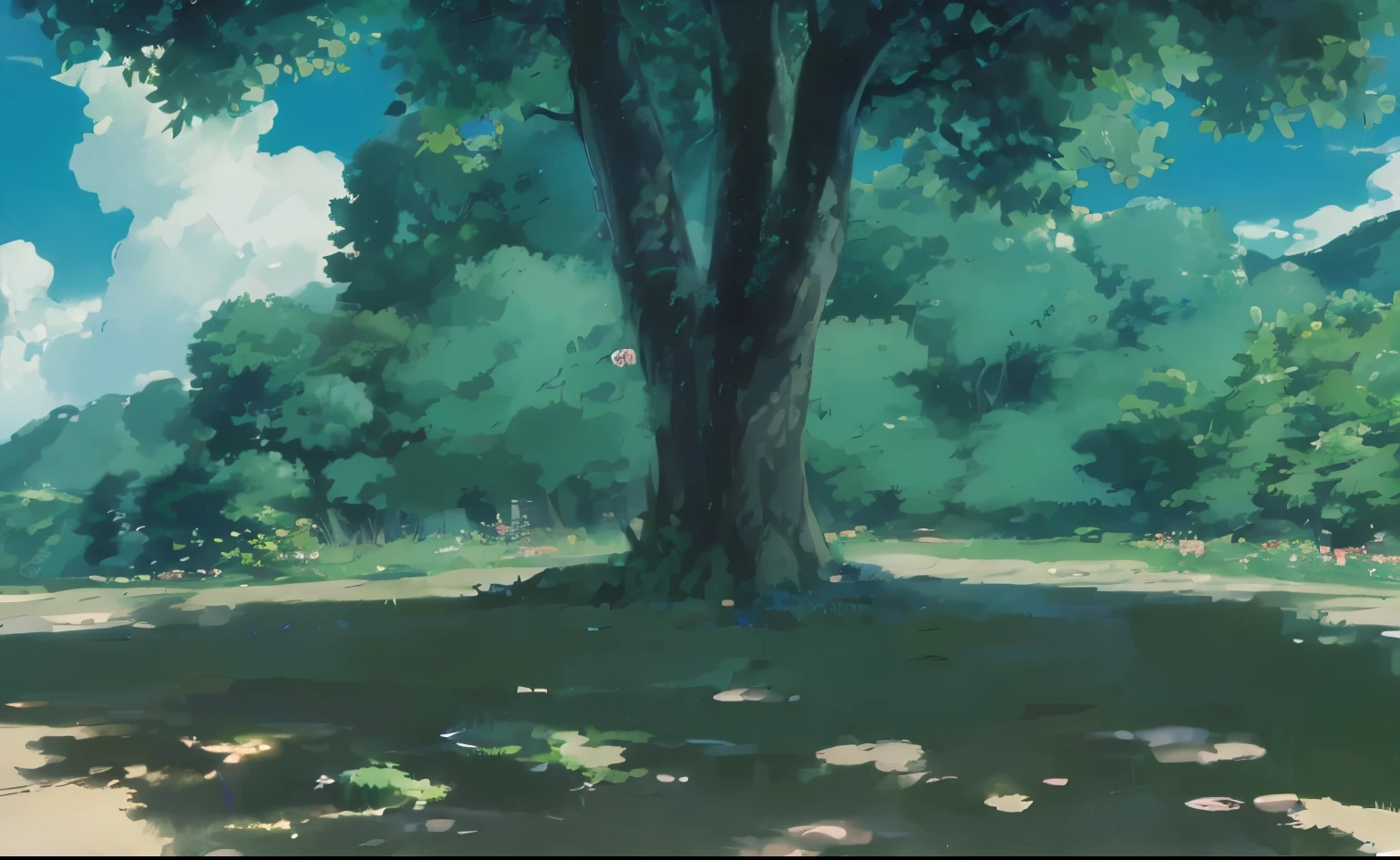 ghibli,Studio Ghibli、Detailed touches、Realistic、Totoro、summer、sunlight、sunlight filtering through the foliage、spirit、blue sky