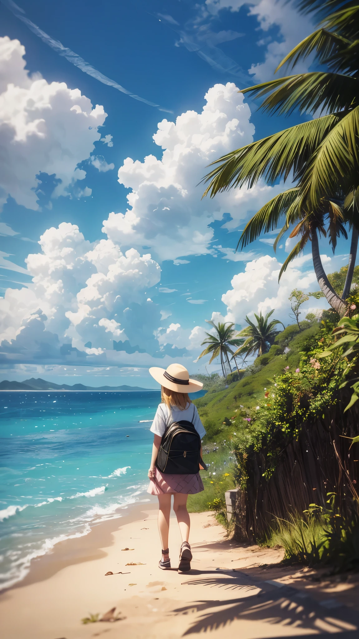 A girl standing alone on a small island in the sea、there is nobody in the island,A girl in her 20s with short blonde hair