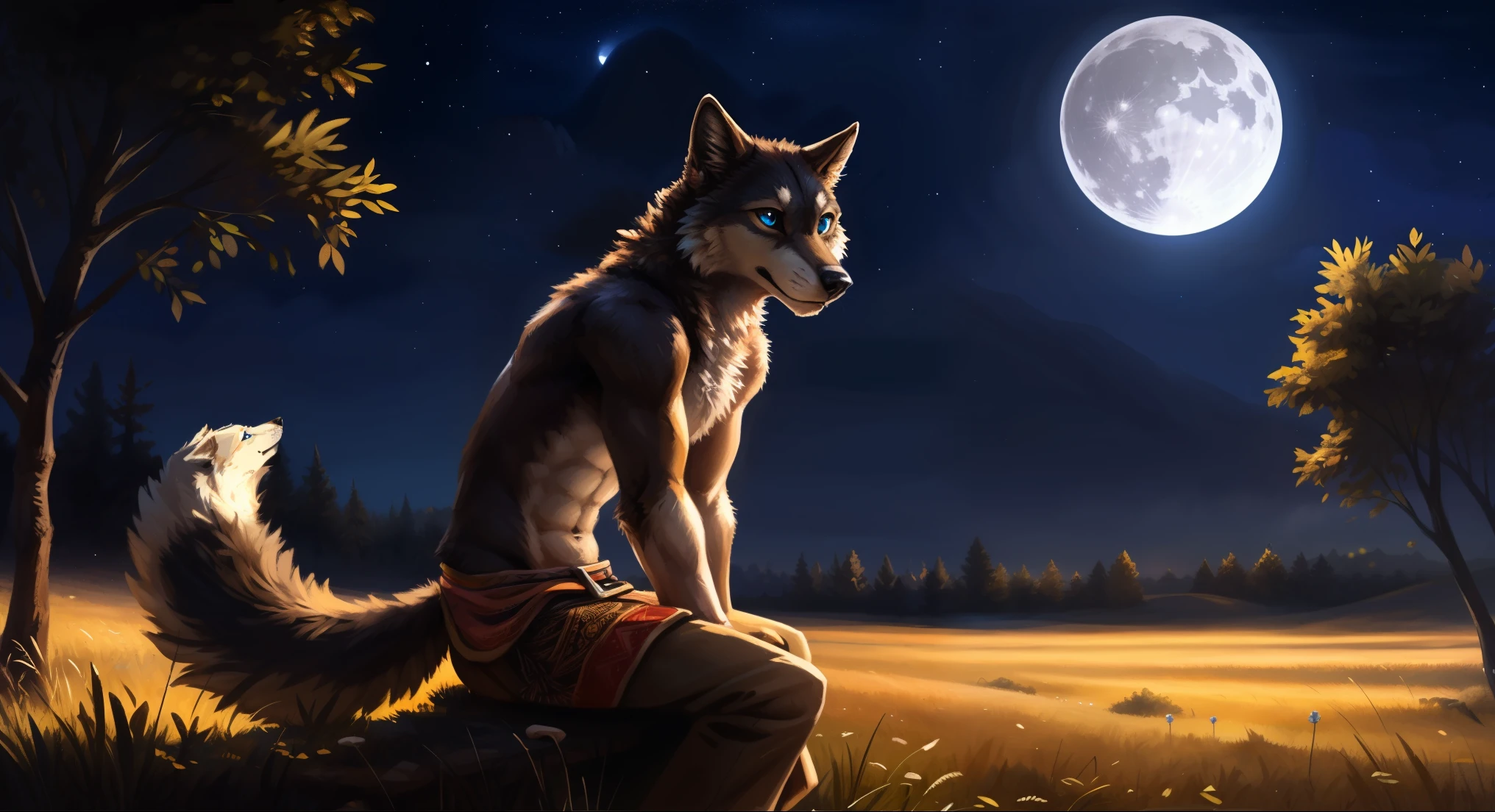 ((Solo)), male people, anthro wolf, (Multi-colored fur, White-brown:1.3), ((Wolf face, Big eyes, White eyelids, Blue pupil, Slim:1.2) (Tough, Calm expression:1.2)), (Height 2.1 meters,Tail length 1.5m), Abs, Slim, pinging, (Correct anatomy), (Contour bone:1.2), The upper body is naked, (detailed outfits), a long large tail，Feet，(Realistic fur, Detailed fur texture, labeled:1.3)), (Natural lighting), Photorealistic, Hyperrealistic, ultradetailed, by Kenket，field，the night，Sit alone，Look at the full moon，It was dark，Starry