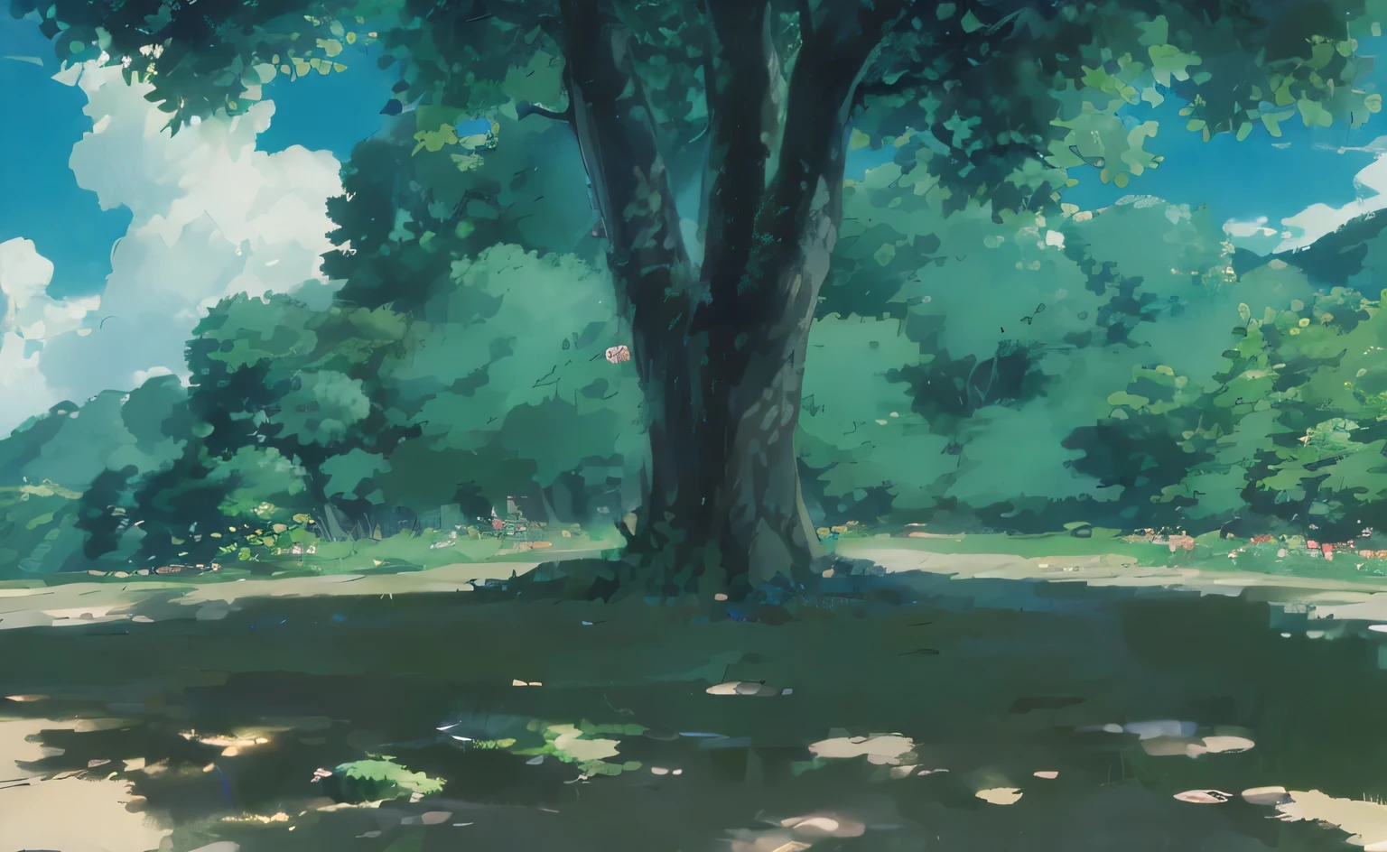 ghibli,Studio Ghibli、Detailed touches、Realistic、Totoro、summer、sunlight、sunlight filtering through the foliage、spirit、blue sky