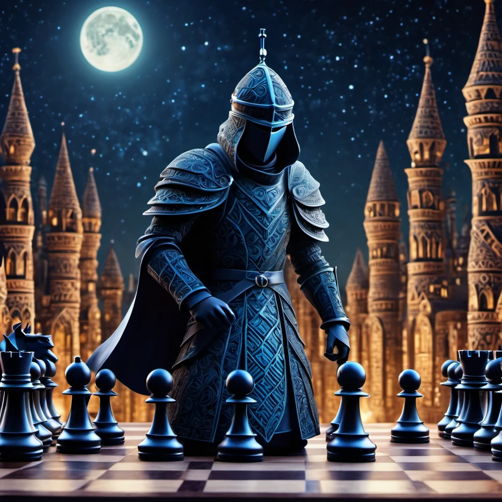 (best quality, highres, ultra sharp), magical chess Swordsman Standing , about the curvature of space time, in a dark night, art deco, zentangle, 3d crunch, cinematic, facing camera, close up, medieval city with chess rooks in the background