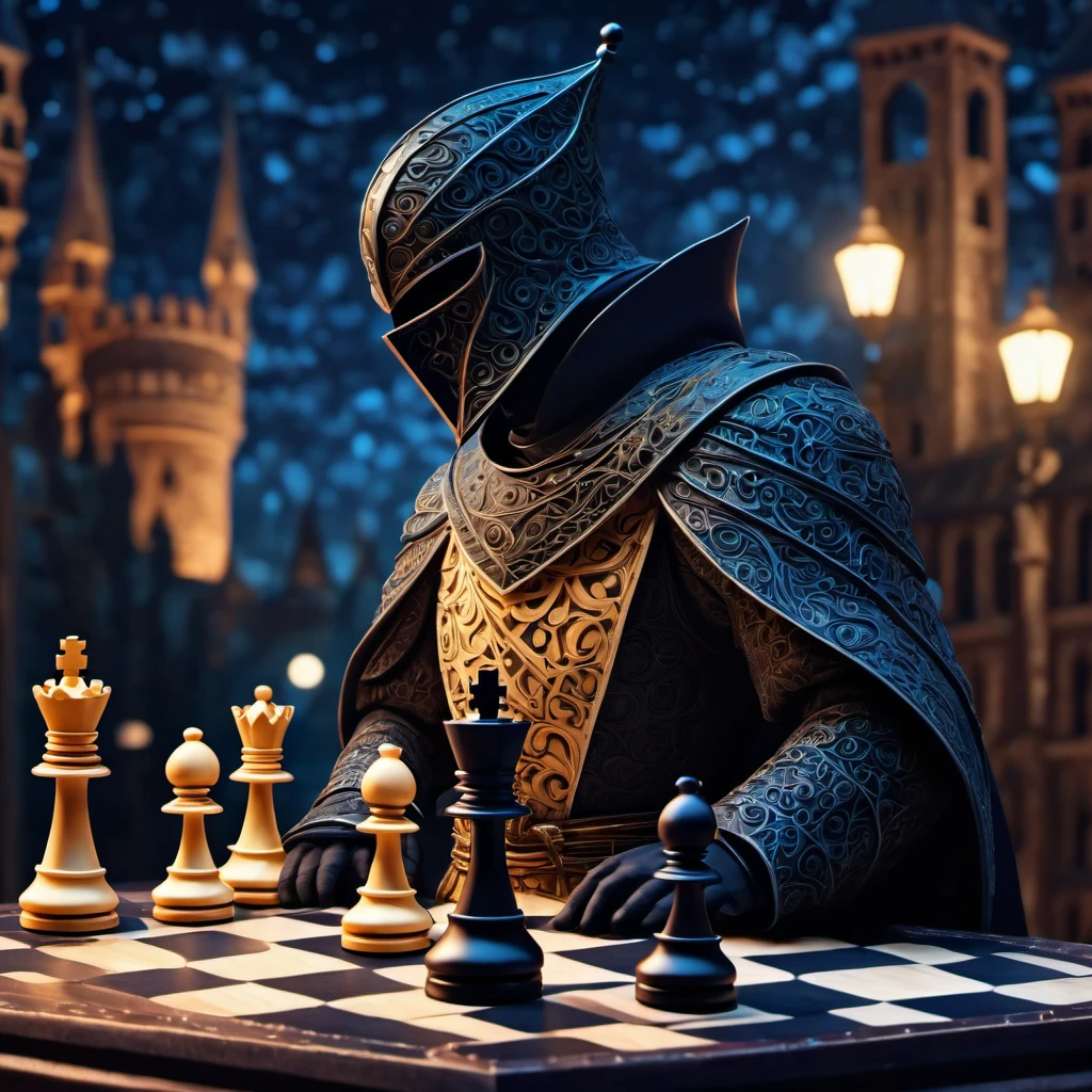 (best quality, highres, ultra sharp), magical chess Swordsman Standing , about the curvature of space time, in a dark night, art deco, zentangle, 3d crunch, cinematic, facing camera, close up, medieval city with chess rooks in the background